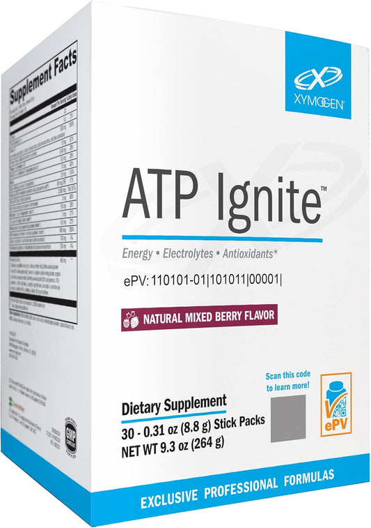 XYMOGEN ATP Ignite Energy Drink Powder - Boosts Energy, Electrolytes, and ATP Production with Antioxidants, Aminos, Vitamins, and Caffeine - Mixed Berry (30 Stick Packs)