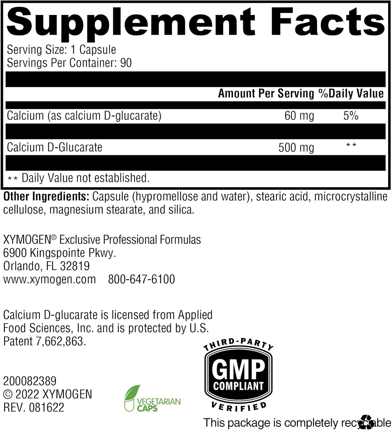 XYMOGEN Calcium D-Glucarate Supplement - 500mg Capsules for Healthy Detox of Fat-Soluble Toxins, Estrogen, and Androgens