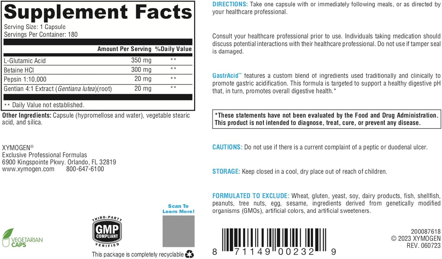 XYMOGEN GastrAcid Capsules - Digestive Support with Betaine HCl, Pepsin, L-Glutamic Acid, and Gentian Root - Promotes Healthy Digestion and Nutrient Absorption - 180 Count