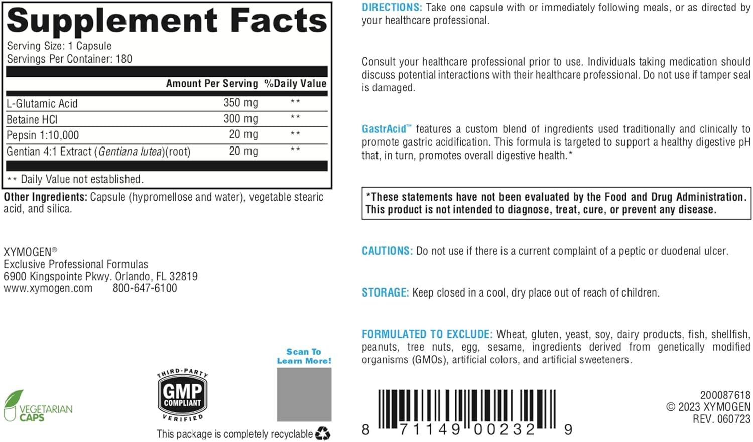 XYMOGEN GastrAcid Capsules - Digestive Support with Betaine HCl, Pepsin, L-Glutamic Acid, and Gentian Root - Promotes Healthy Digestion and Nutrient Absorption - 180 Count