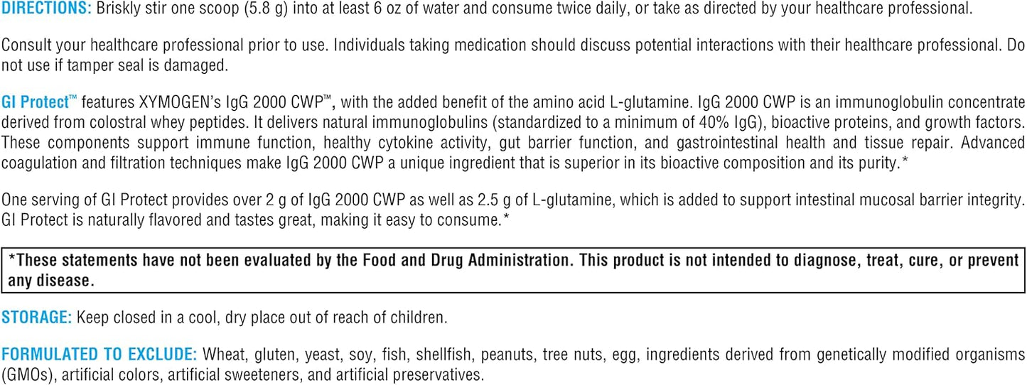 XYMOGEN GI Protect Powder Supplement - Peach Flavor, 6.14 oz - Supports GI Lining, Gut Health, Immune Health, and Tissue Repair - Sugar and Stevia Free - Boosts Cytokine Balance and IgG Immunoglobulin