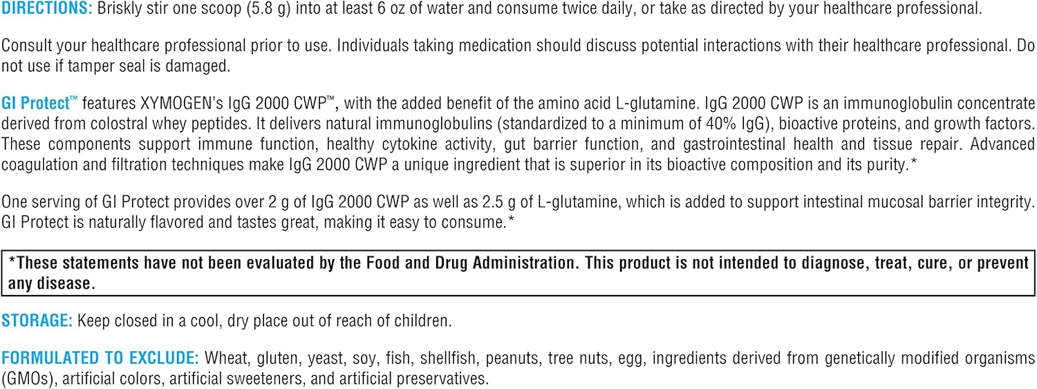 XYMOGEN GI Protect Powder Supplement - Peach Flavor, 6.14 oz - Supports GI Lining, Gut Health, Immune Health, and Tissue Repair - Sugar and Stevia Free - Boosts Cytokine Balance and IgG Immunoglobulin