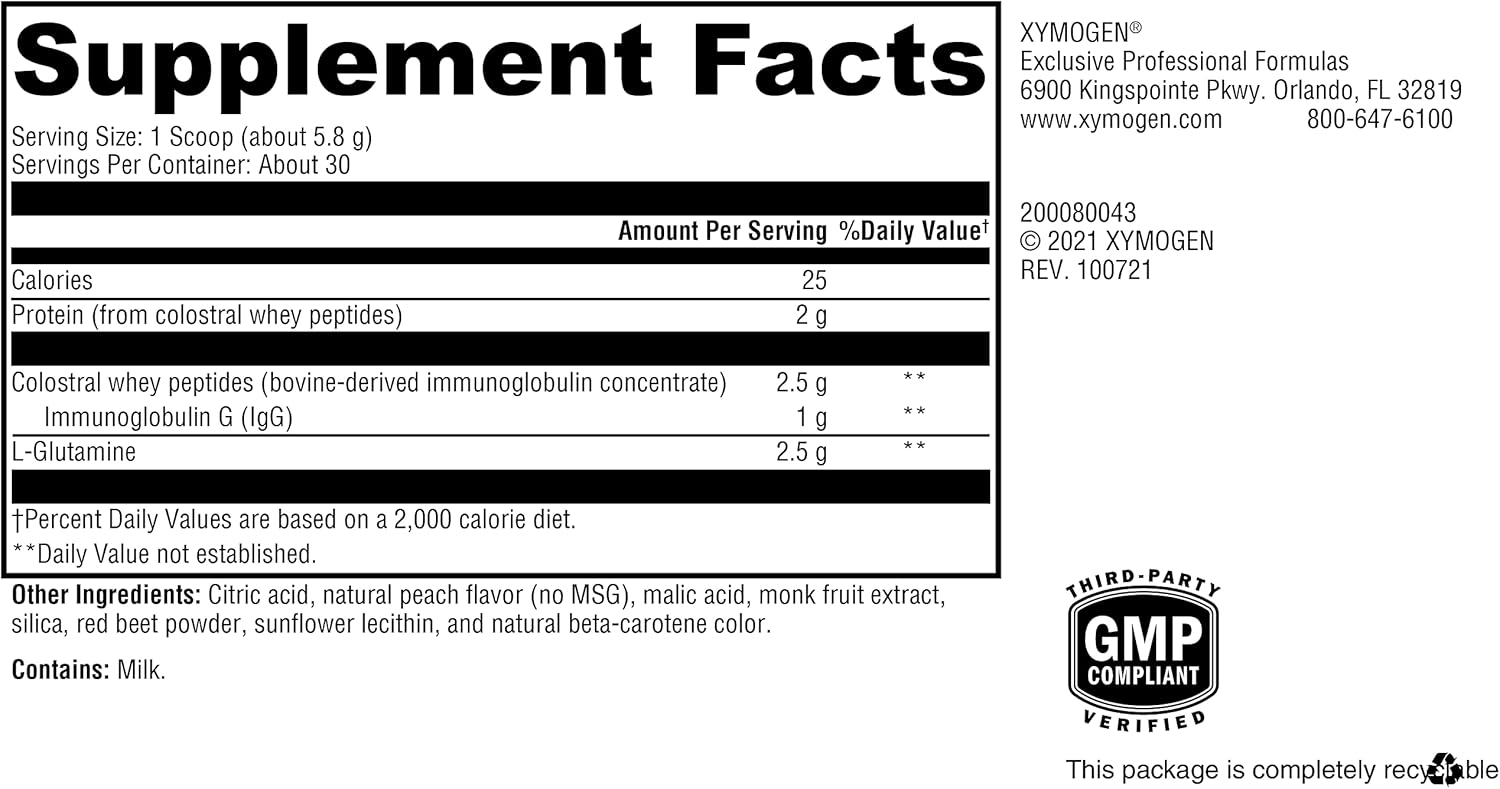 XYMOGEN GI Protect Powder Supplement - Peach Flavor, 6.14 oz - Supports GI Lining, Gut Health, Immune Health, and Tissue Repair - Sugar and Stevia Free - Boosts Cytokine Balance and IgG Immunoglobulin