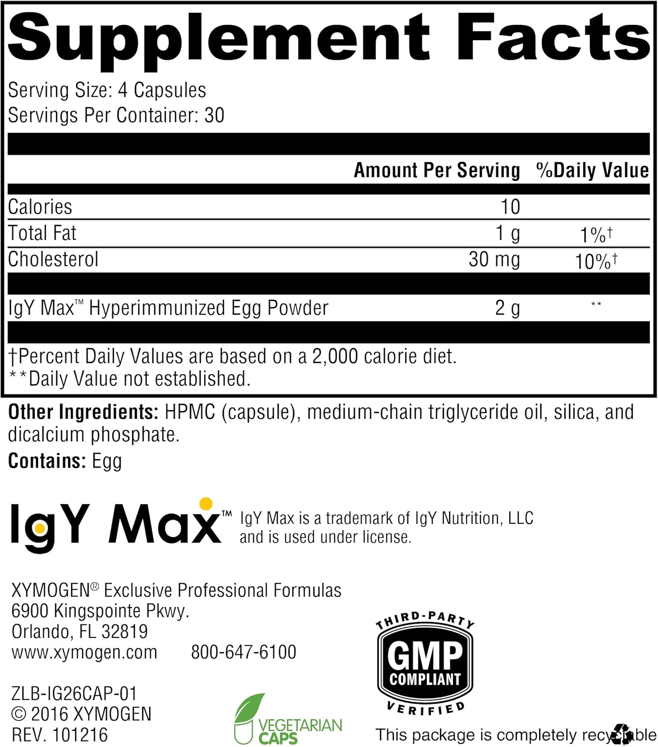 XYMOGEN IG 26 DF - Dairy-Free Colostrum Alternative with IgY Max for Cytokine Balance & Immune Support - 120 Capsules