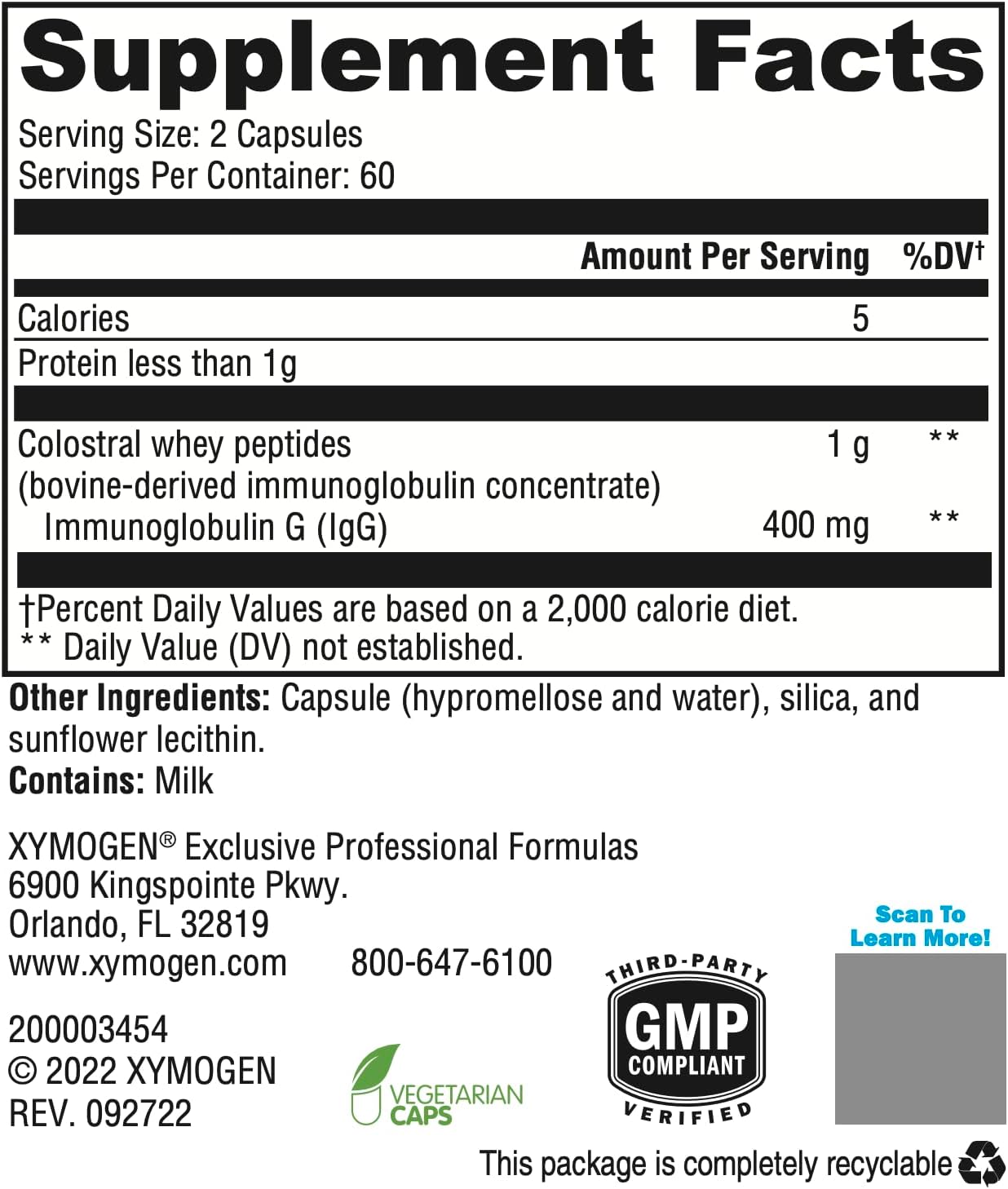XYMOGEN IgG 2000 CWP - Colostral Whey Peptide Immunoglobulin Concentrate for Gut Health and Immune Support (120 Capsules)