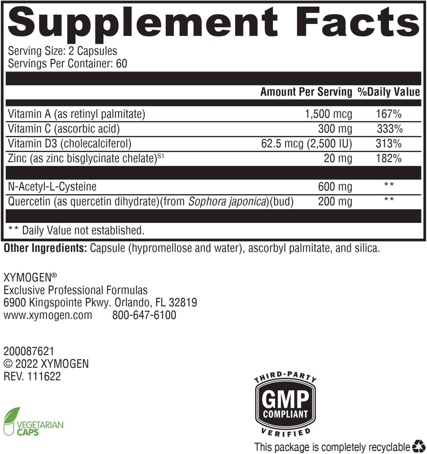 XYMOGEN Immune Essentials Daily: Immune Support Supplement with Vitamin D3, Vitamin C, N Acetyl L Cysteine, Zinc, Quercetin - 120 Capsules - BoostGo Australia