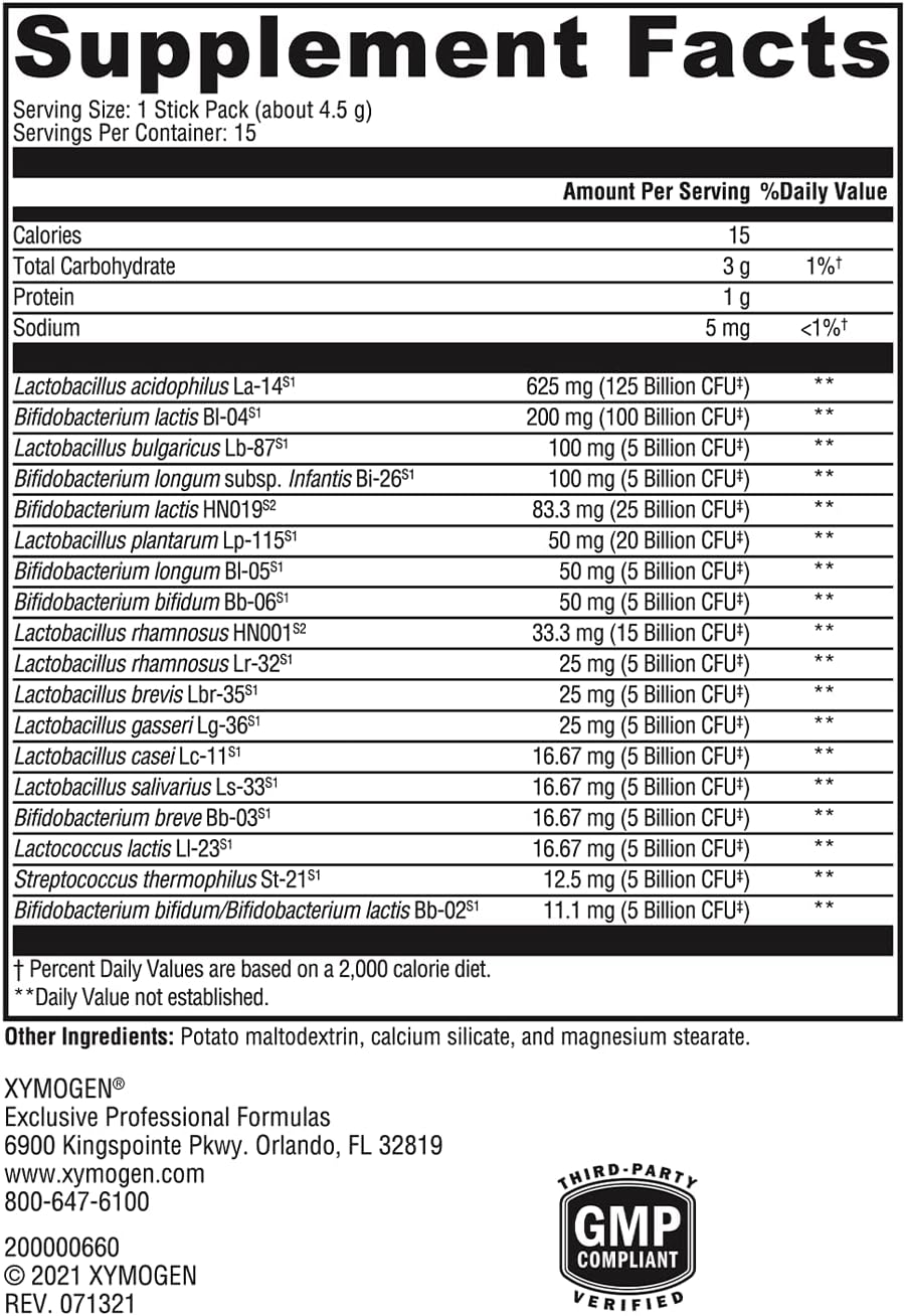 XYMOGEN ProbioMax 350 DF: Dairy-Free High Potency Probiotic, 18 Strains, 350 CFU, Immune + Gut Health, 15 Single Serve Stick Packs
