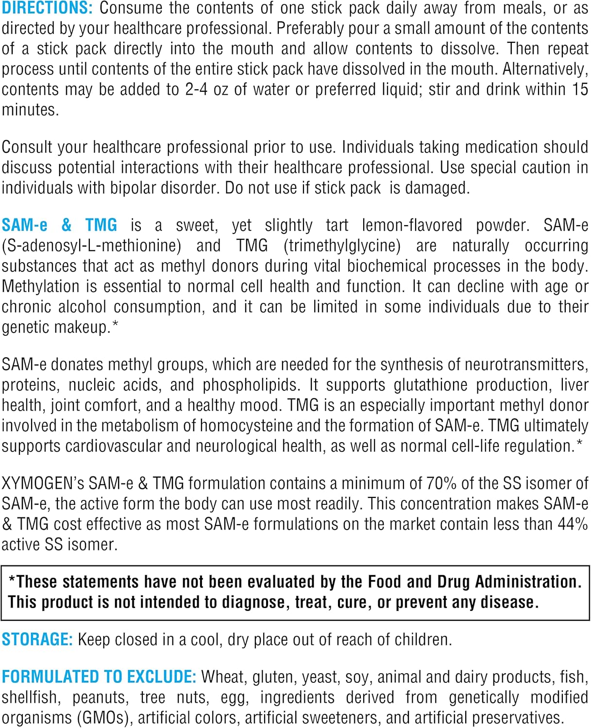 XYMOGEN SAM-e & TMG Supplement - Liver, Mood, and Joint Support - Gluten Free, Vegan, Non GMO - 30 Servings