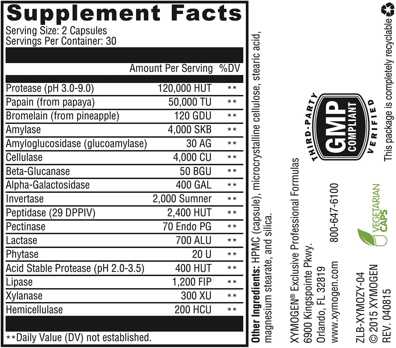 XYMOGEN XymoZyme - Vegan Multi-Enzyme Supplement for Digestion - Plant-Based Enzymes for Gut Health & Nutrient Absorption - Supports Digestive Health - 60 Capsules
