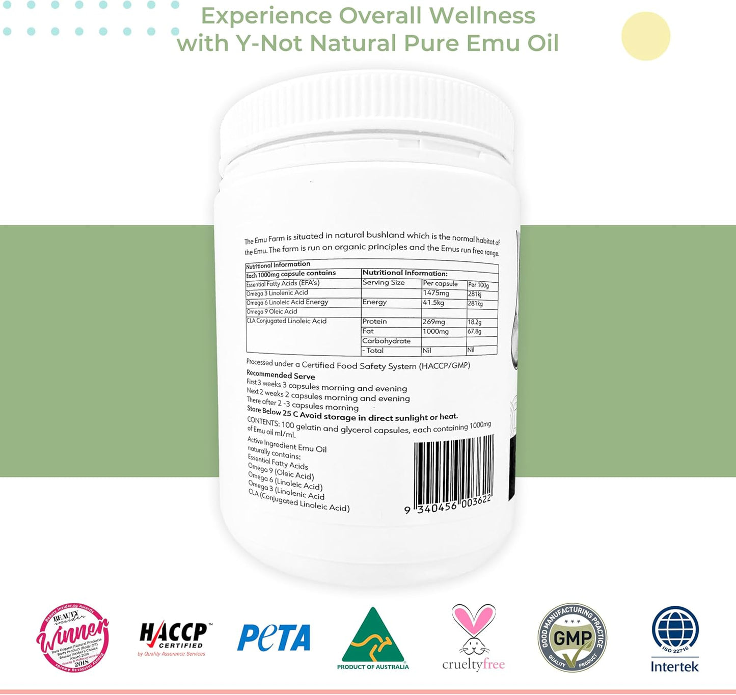 Y-Not Natural Emu Oil Capsules - Pharmaceutical Grade Supplement for Heart, Hair, Metabolism & Joints - 1000mg, 500 Capsules