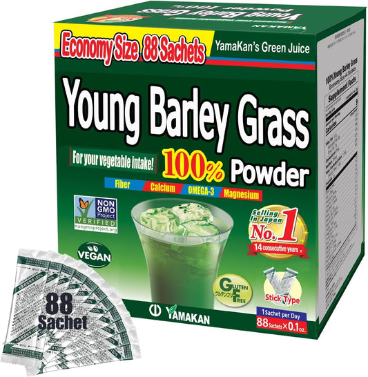 Yamamoto Kanpoh Young Barley Grass Powder - 100% Green Superfood from Japan, Packed with Vitamins & Minerals, Gluten-Free & Vegan - 88 Sachet Pack