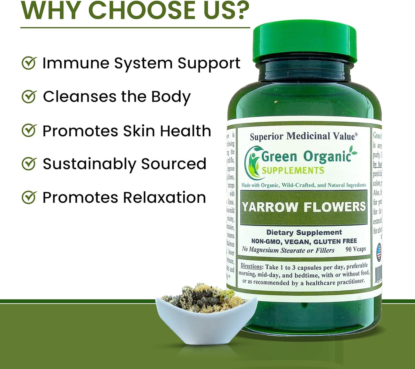 Yarrow Flower Green Organic Supplement - 90 VCaps, Non-GMO, Gluten-Free - Pack of 1