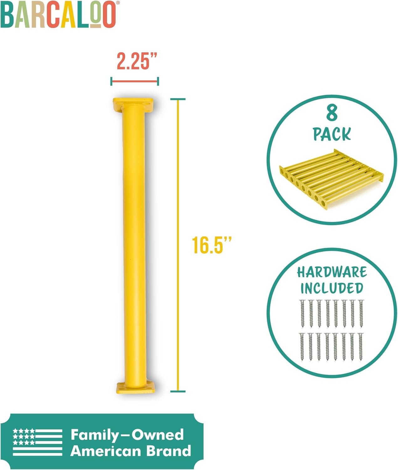 Yellow Powder Coated Monkey Bars Playset Attachment for Backyard, Set of 8 Indoor Monkey Bar Rods - 16 1/2 Inches Long with Mounting Plates - Kids Playground Equipment