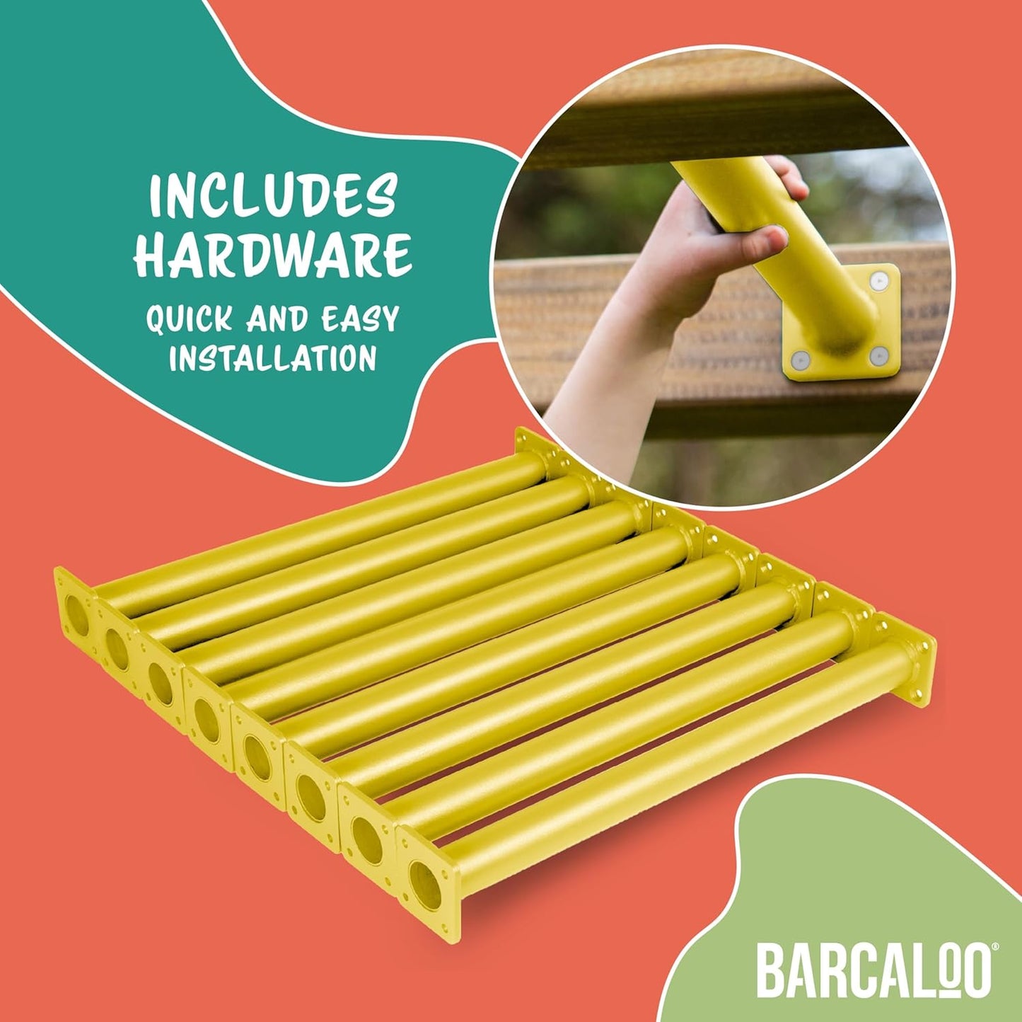 Yellow Powder Coated Monkey Bars Playset Attachment for Backyard, Set of 8 Indoor Monkey Bar Rods - 16 1/2 Inches Long with Mounting Plates - Kids Playground Equipment