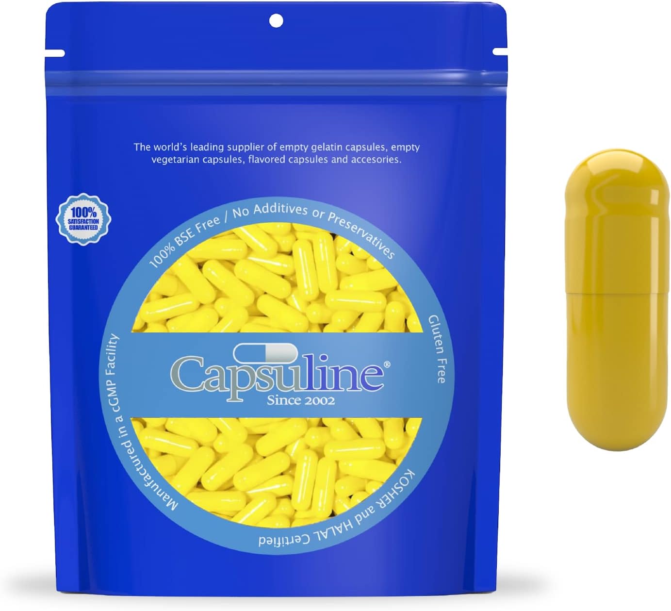 Yellow Size 0 Gelatin Capsules - 1000 Count | Kosher & Halal Certified | Gluten Free | Capsuline