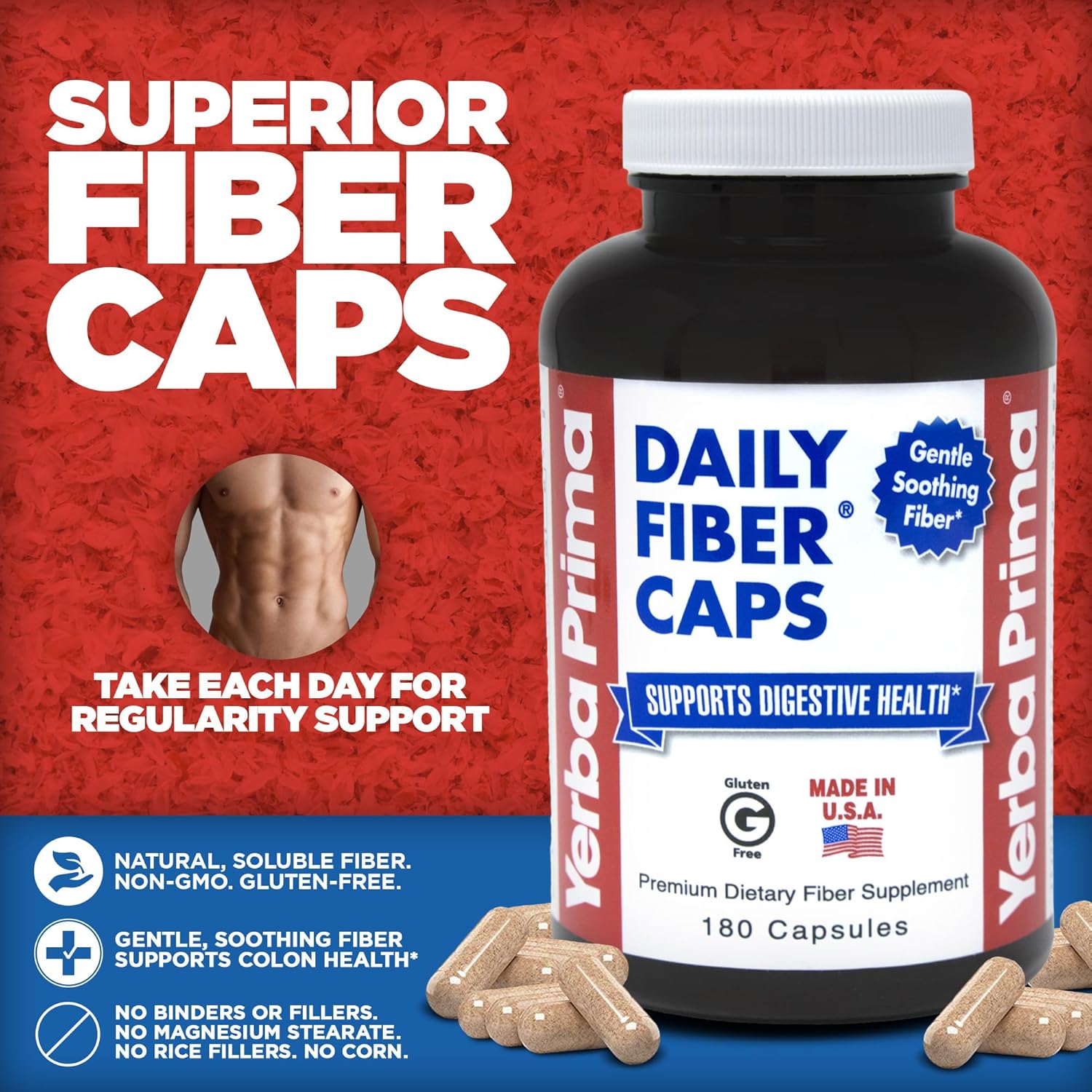 Yerba Prima Daily Fiber Capsules 720ct - Soluble & Insoluble Fiber Supplement for Colon Cleanse & Gut Health - Vegan & Non-GMO