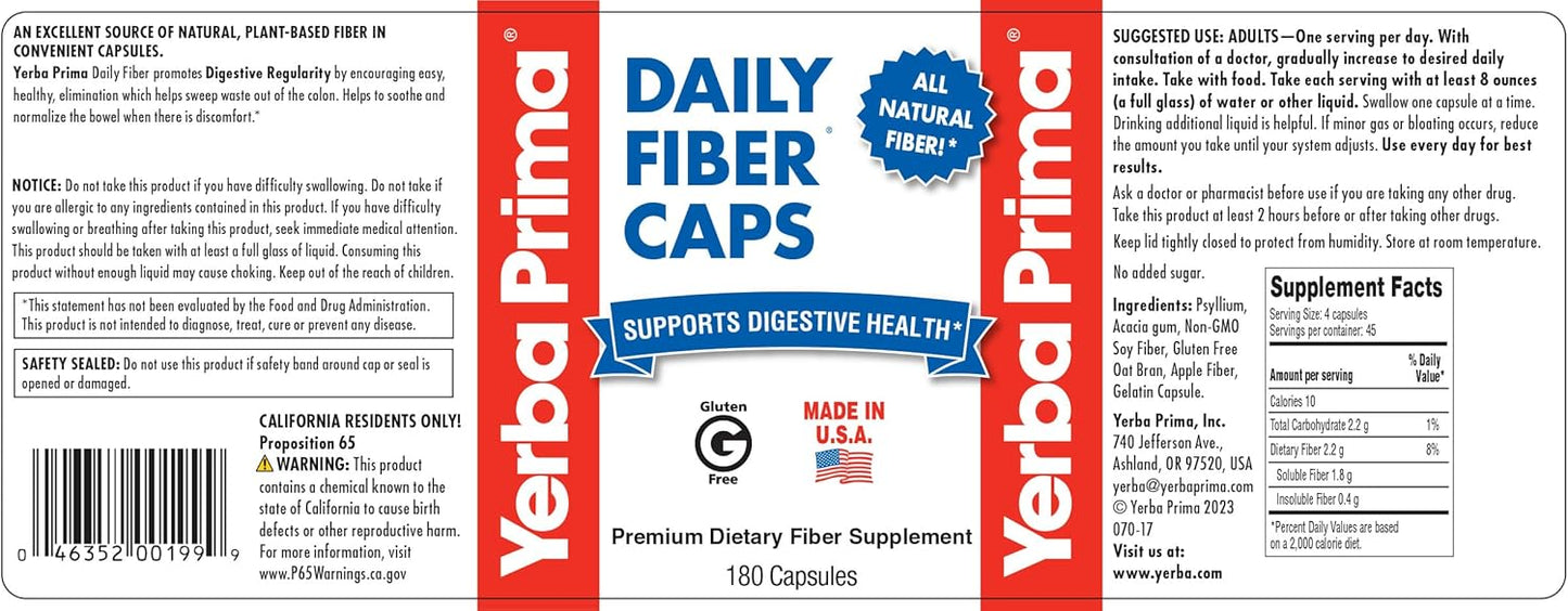 Yerba Prima Daily Fiber Capsules 720ct - Soluble & Insoluble Fiber Supplement for Colon Cleanse & Gut Health - Vegan & Non-GMO