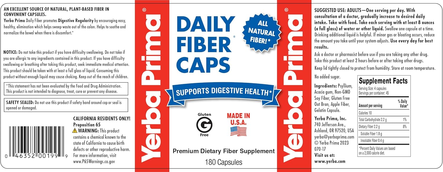 Yerba Prima Daily Fiber Capsules 720ct - Soluble & Insoluble Fiber Supplement for Colon Cleanse & Gut Health - Vegan & Non-GMO