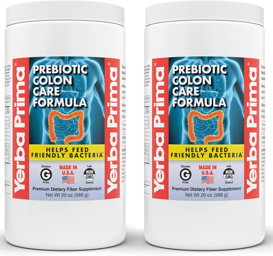 Yerba Prima Prebiotic Colon Care Formula - 20 oz Powder (2 Pack) with FOS - Psyllium Fiber, Magnesium, Selenium - Non-GMO, Gluten Free, Vegan Supplement for Men & Women