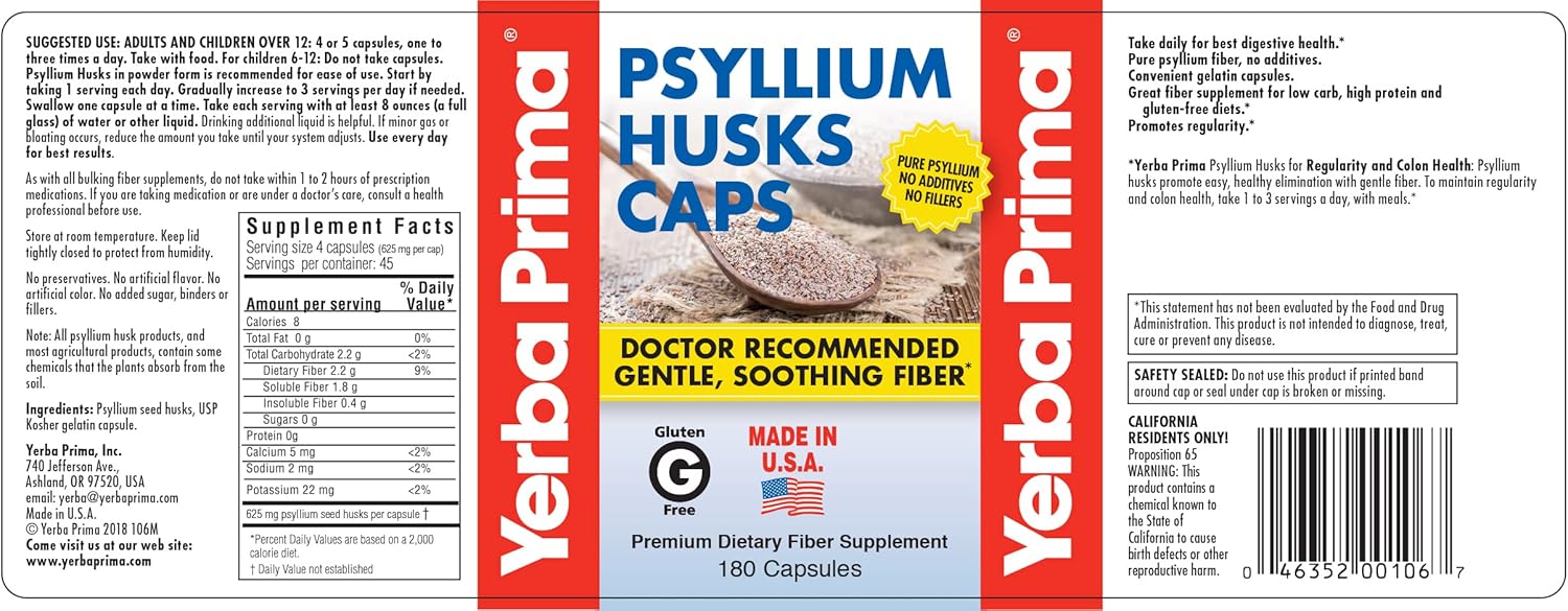Yerba Prima Psyllium Husk Capsules - 720 Capsules Total - Natural Fiber Supplement - Non-GMO and Gluten-Free