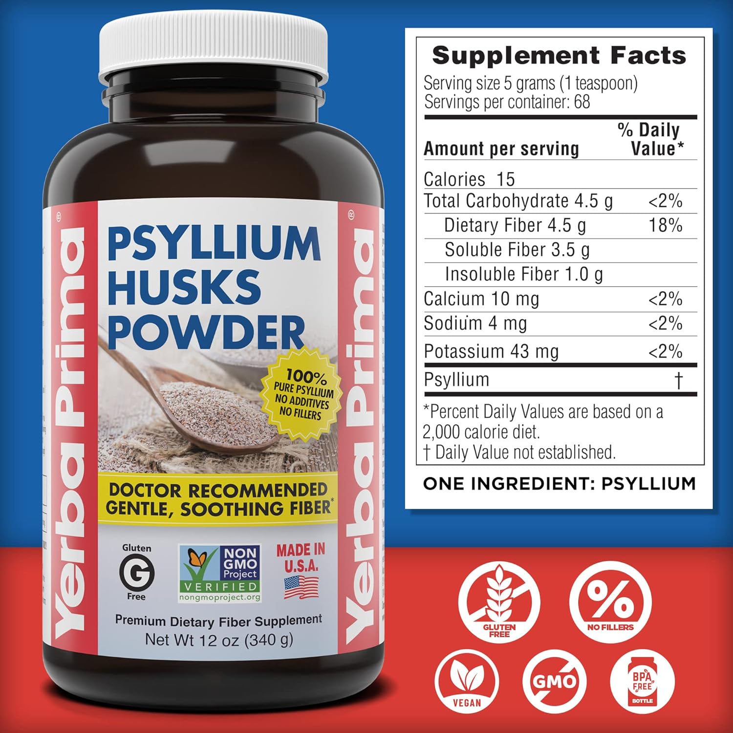Yerba Prima Psyllium Husks Powder 12 oz - Natural Fiber Supplement for Gut Health - Colon Cleanser with Vegan, Non-GMO, Gluten-Free Ingredients