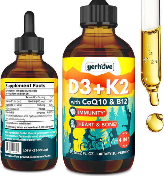 Yerhove Vitamin D3 K2 Liquid Supplement with CoQ10, B12 - Bone Density, Heart Support - High Absorption VIT K2 D3 Drops for Men & Women - 5 Pack