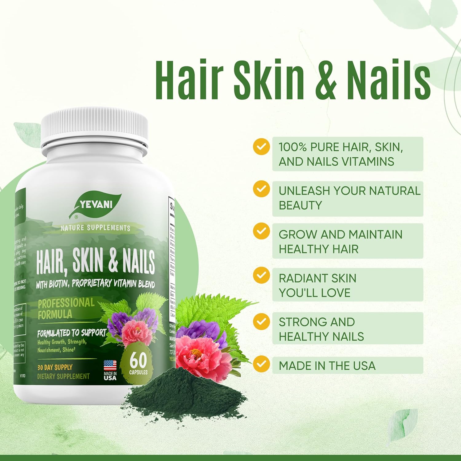 YEVANI 100% Pure Hair, Skin, and Nails Vitamins with Biotin for Radiant Beauty and Health