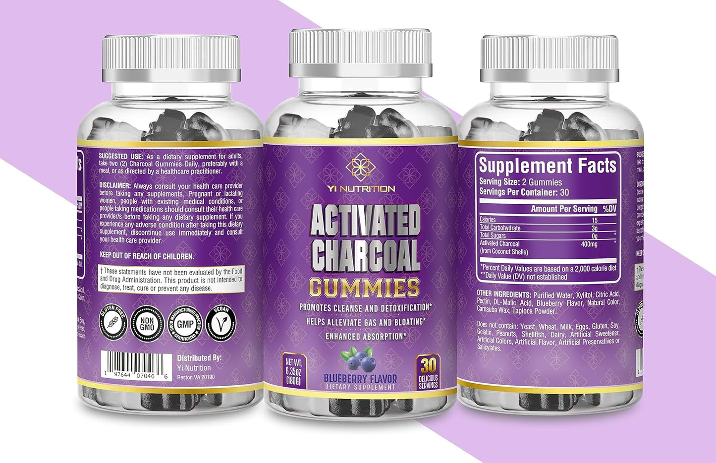 Yi Nutrition Charcoal Gummy - Vegan Digestive Health Support for All Ages, Sugar-Free Cleanse and Detox with Gas Relief