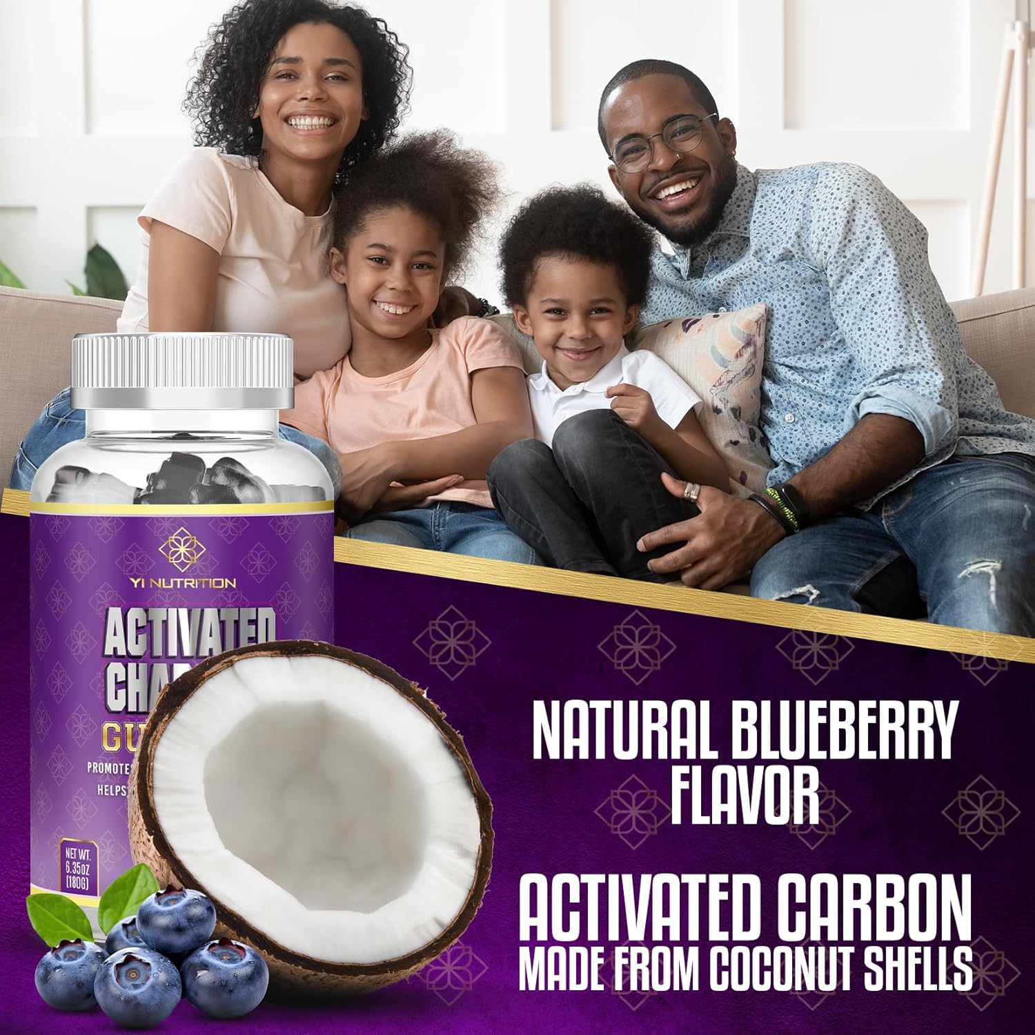 Yi Nutrition Charcoal Gummy - Vegan Digestive Health Support for All Ages, Sugar-Free Cleanse and Detox with Gas Relief