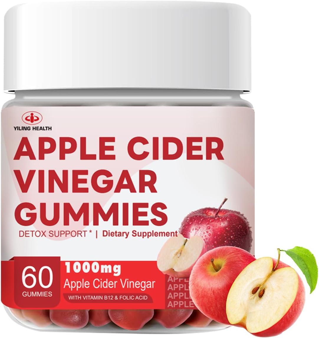 YiLing Apple Cider Vinegar Gummies - 1000mg - Immune Support, Energy Boost, Gut Health - Apple Flavored with B12/B6/Beetroot