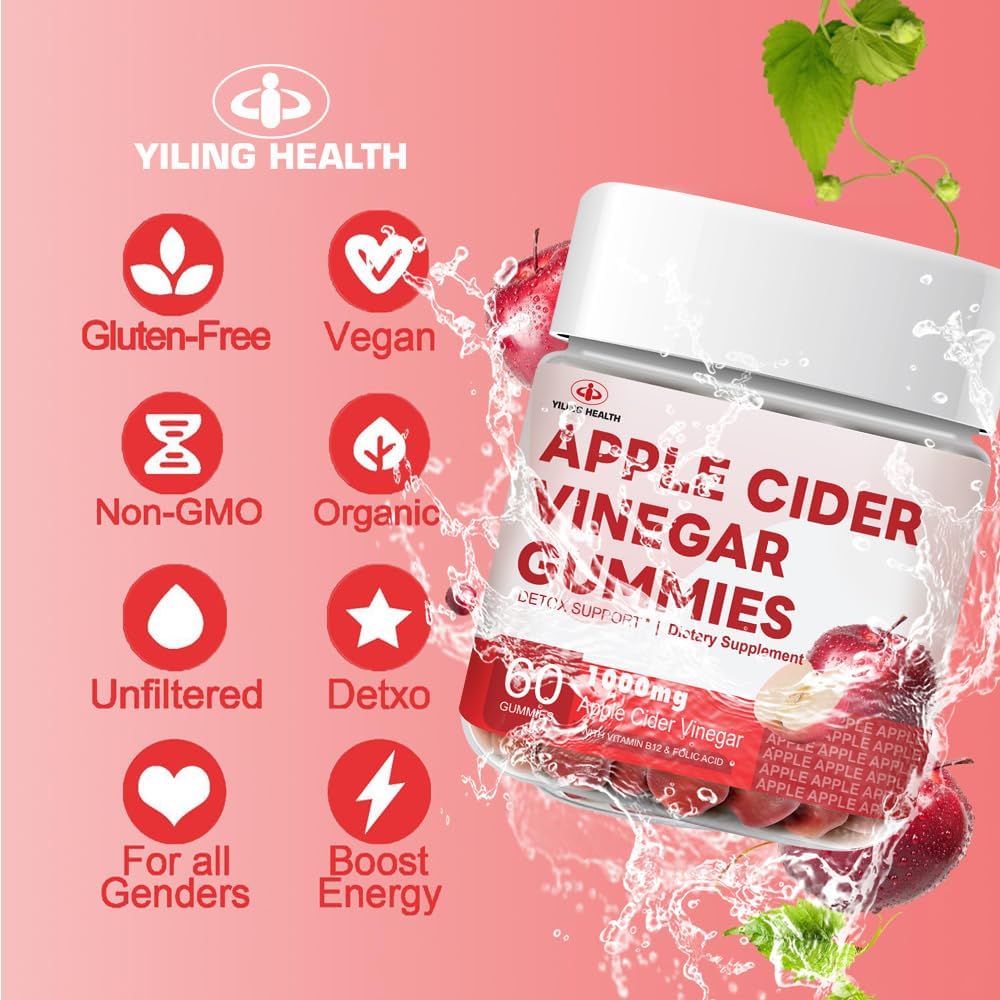 YiLing Apple Cider Vinegar Gummies - 1000mg - Immune Support, Energy Boost, Gut Health - Apple Flavored with B12/B6/Beetroot