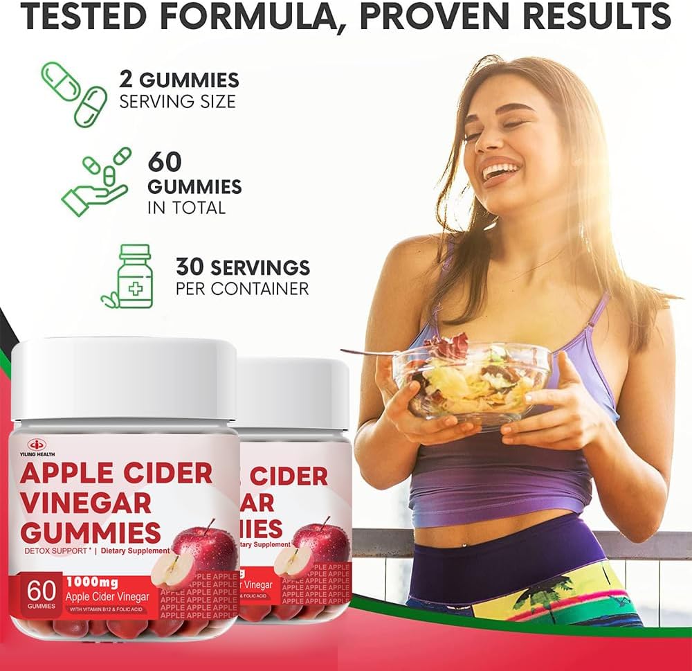 YiLing Apple Cider Vinegar Gummies - 1000mg - Immune Support, Energy Boost, Gut Health - Apple Flavored with B12/B6/Beetroot