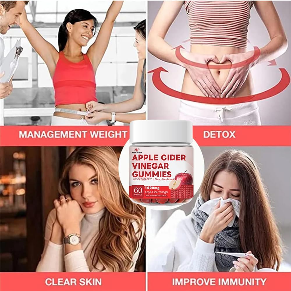 YiLing Apple Cider Vinegar Gummies - 1000mg - Immune Support, Energy Boost, Gut Health - Apple Flavored with B12/B6/Beetroot
