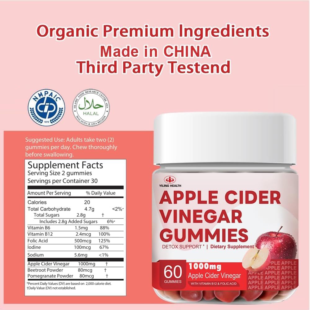 YiLing Apple Cider Vinegar Gummies - 1000mg - Immune Support, Energy Boost, Gut Health - Apple Flavored with B12/B6/Beetroot