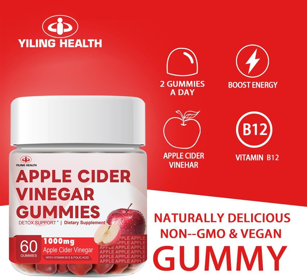 YiLing Apple Cider Vinegar Gummies - 1000mg - Immune Support, Energy Boost, Gut Health - Apple Flavored with B12/B6/Beetroot