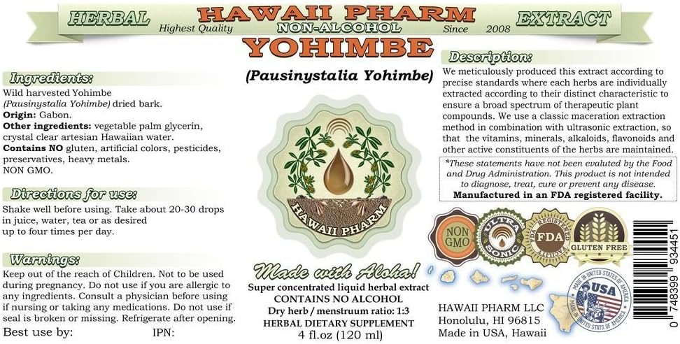 Yohimbe Liquid Extract - Alcohol-Free Dried Bark Glycerite Supplement - 64 fl.oz - Hawaii Pharm - USA Made