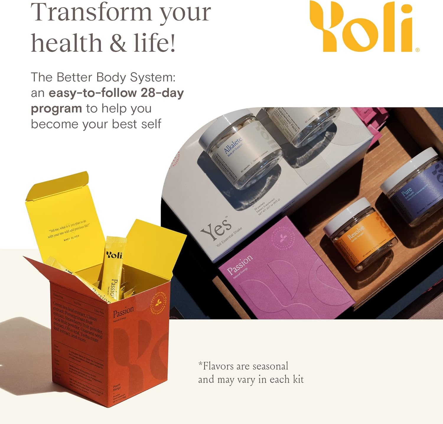 Yoli® Transformation Kit with YES, Passion, Alkalete, Pure, Resolve, and Better Body System 28-Day Program - T-Kit with Varying Flavors