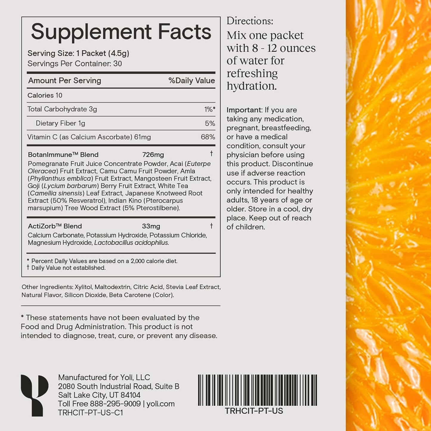 Yoli® Truth Citrus Antioxidant Immune Support Supplement - Vitamin C, Botanicals, Superfruits, Minerals - 30 Packets