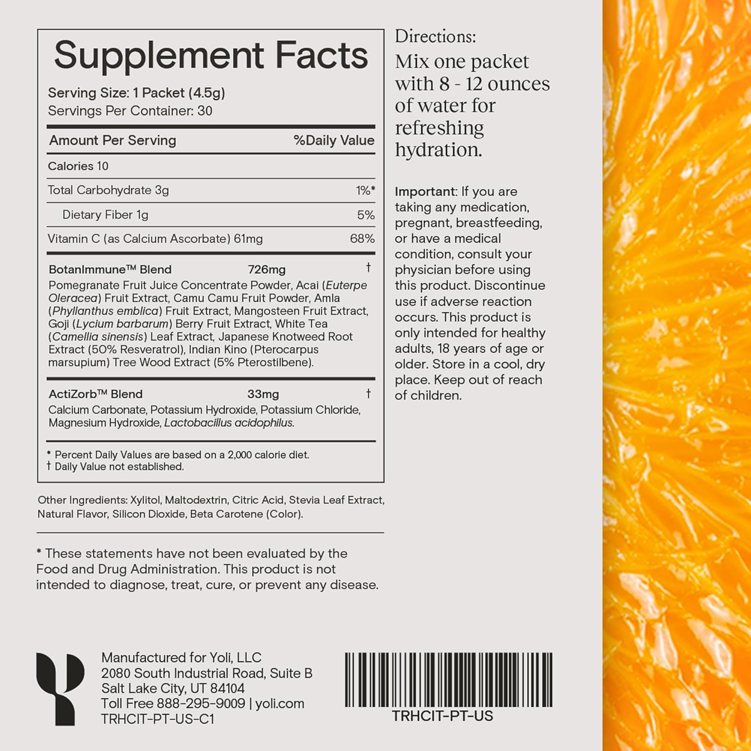 Yoli® Truth Citrus Antioxidant Immune Support Supplement - Vitamin C, Botanicals, Superfruits, Minerals - 30 Packets