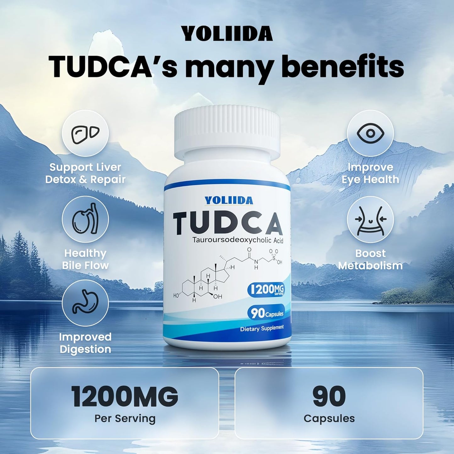 YOLIIDA 1200mg Tudca Liver Supplement Capsules - Detox & Repair, Bile Salts, Gallbladder Cleanse - 90 Count