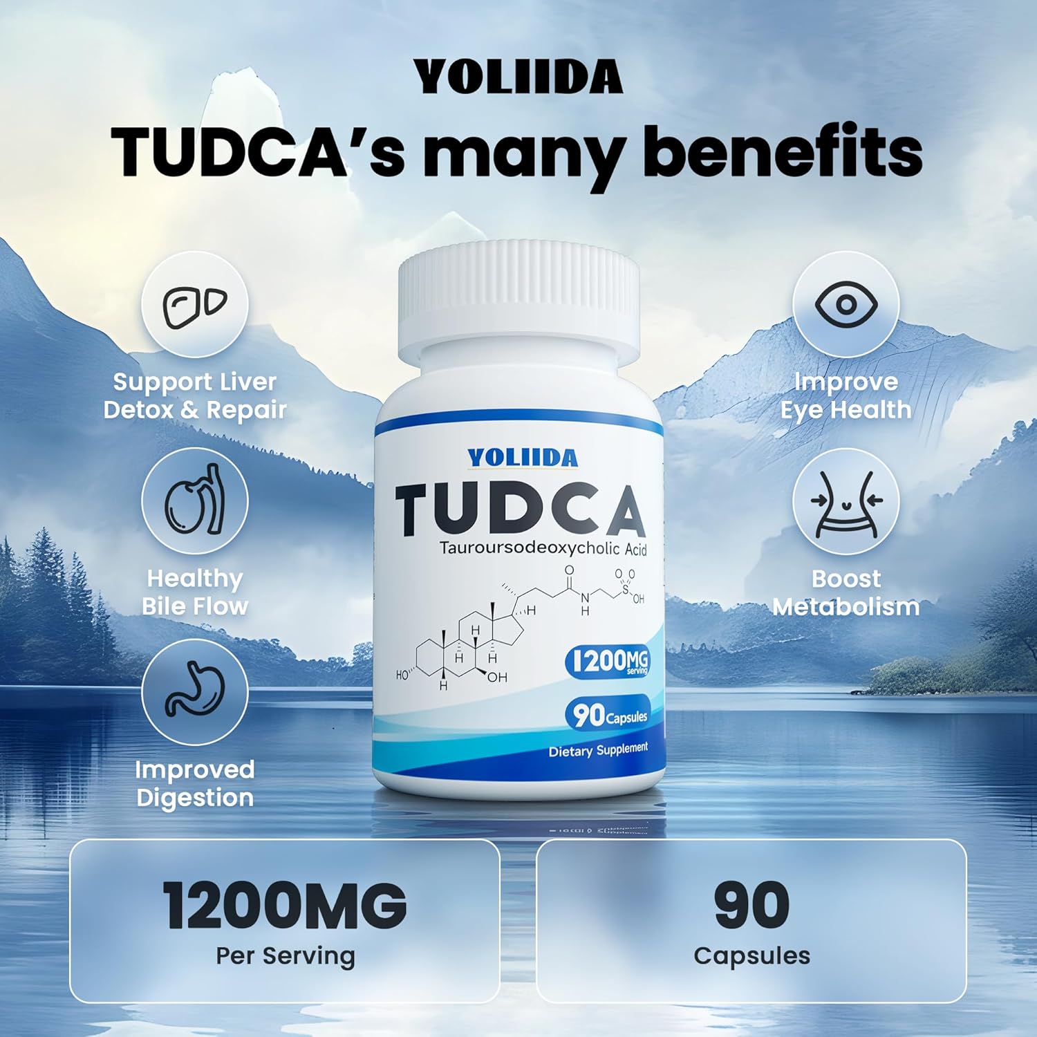 YOLIIDA 1200mg Tudca Liver Supplement Capsules - Detox & Repair, Bile Salts, Gallbladder Cleanse - 90 Count