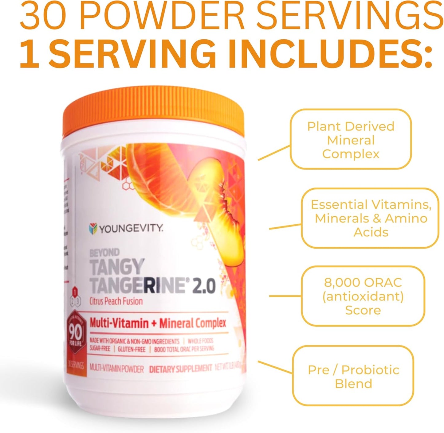 Youngevity Beyond Tangy Tangerine 2.0 Citrus Peach Ultimate Multi-Vitamin & Mineral Complex - Natural & Whole Foods - 8,000 ORAC - 2 Canisters
