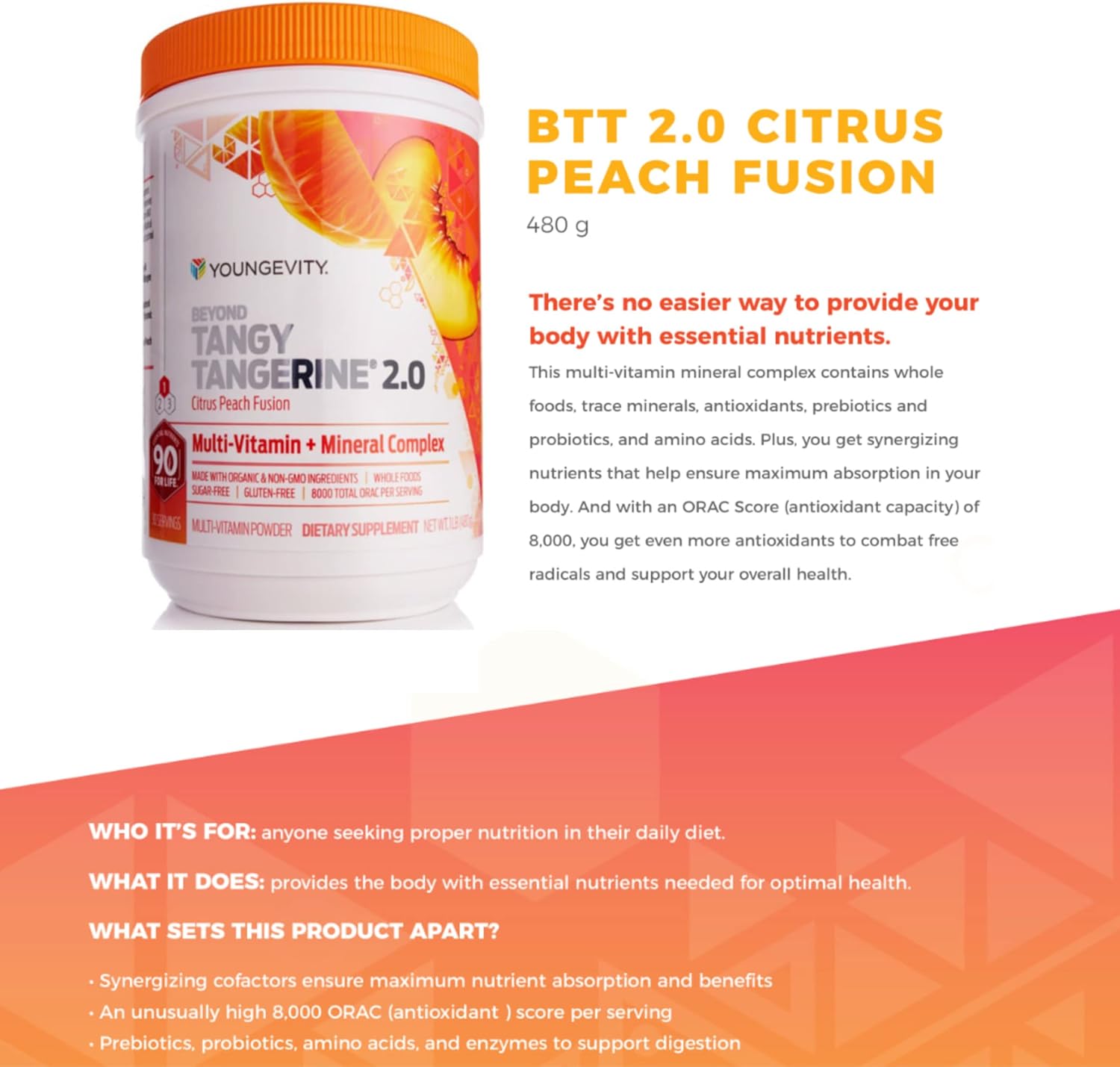 Youngevity Beyond Tangy Tangerine 2.0 Citrus Peach Multi-Vitamin & Mineral Complex - Natural & Whole Foods, 8,000 ORAC, 2 Canisters
