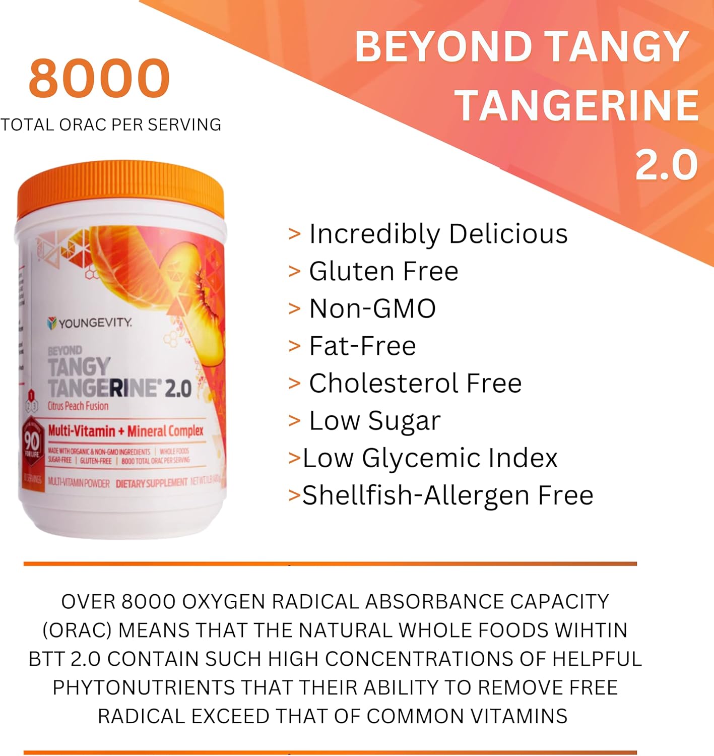 Youngevity Beyond Tangy Tangerine 2.0 Citrus Peach Multi-Vitamin & Mineral Complex - Natural & Whole Foods, 8,000 ORAC, 2 Canisters