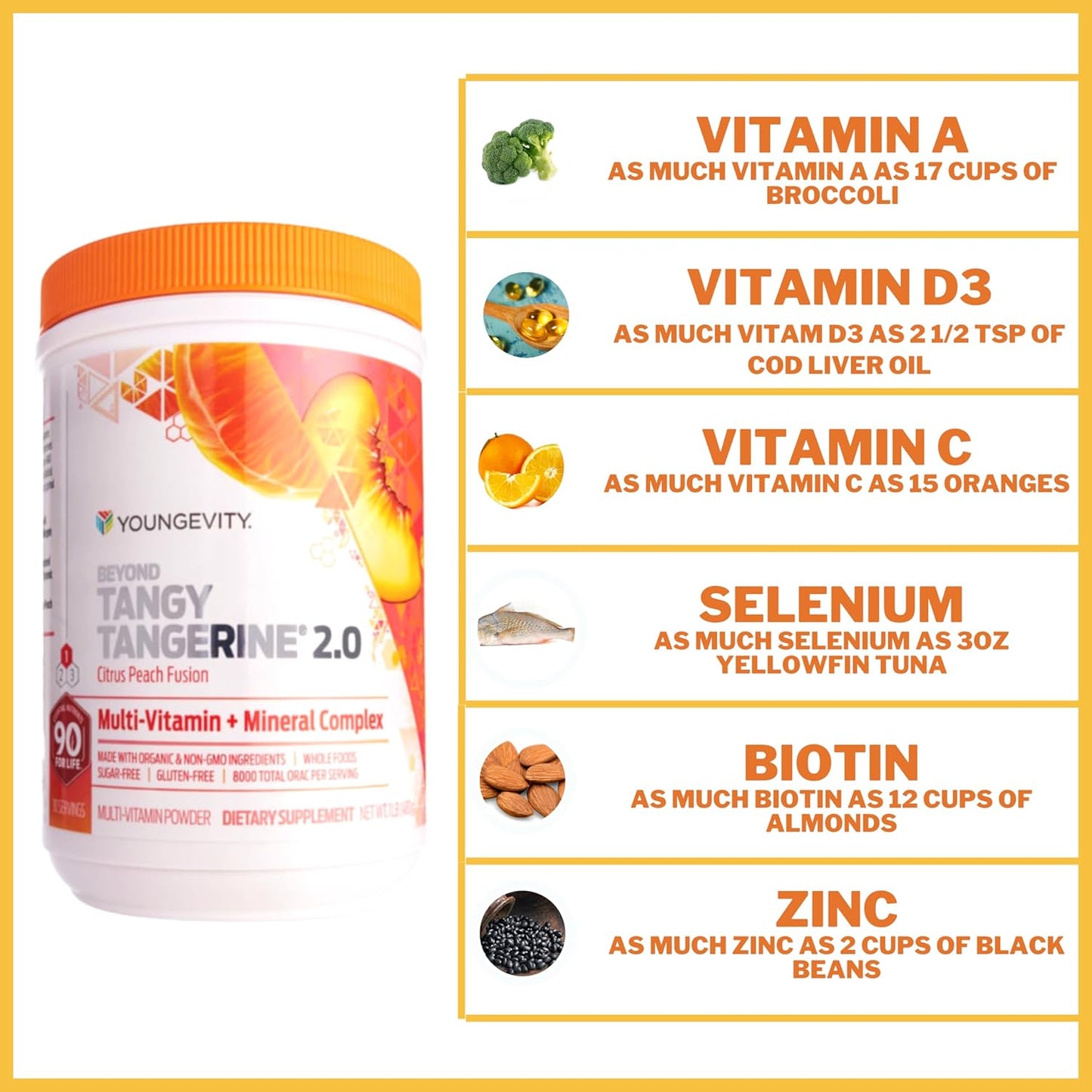 Youngevity Beyond Tangy Tangerine 2.0 Citrus Peach Ultimate Multi-Vitamin & Mineral Complex - Natural & Whole Foods - 8,000 ORAC - 2 Canisters
