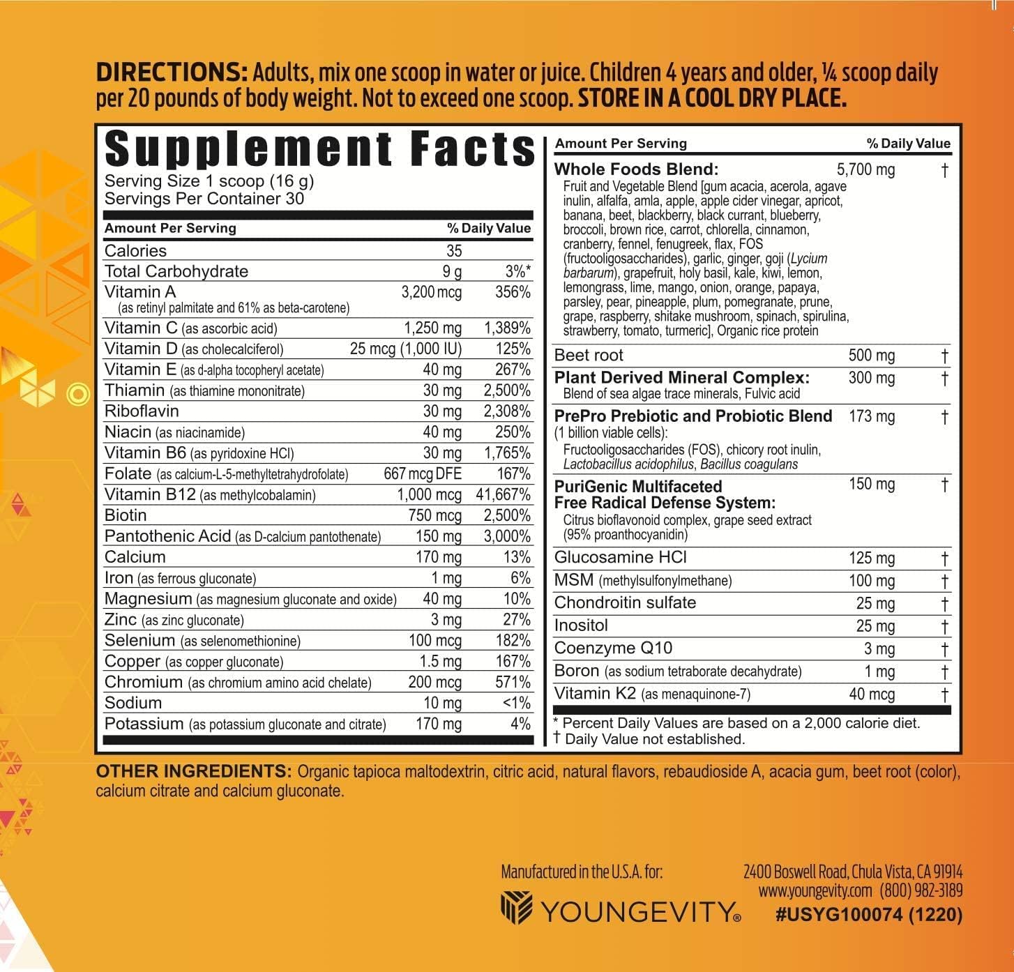 Youngevity Beyond Tangy Tangerine 2.5 Tropical Tangerine Ultimate Multi-Vitamin & Mineral Complex - Natural Whole Foods - 8,000 ORAC