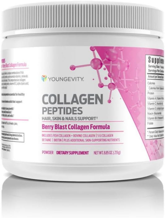 Youngevity Collagen Peptides Powder for Hair, Skin, Nails - Type I & II, Biotin, Vitamin B12, Antioxidants, Alpha Lipoic Acid - Joint, Bone Health - Berry Flavor - 251g - BoostGo Australia
