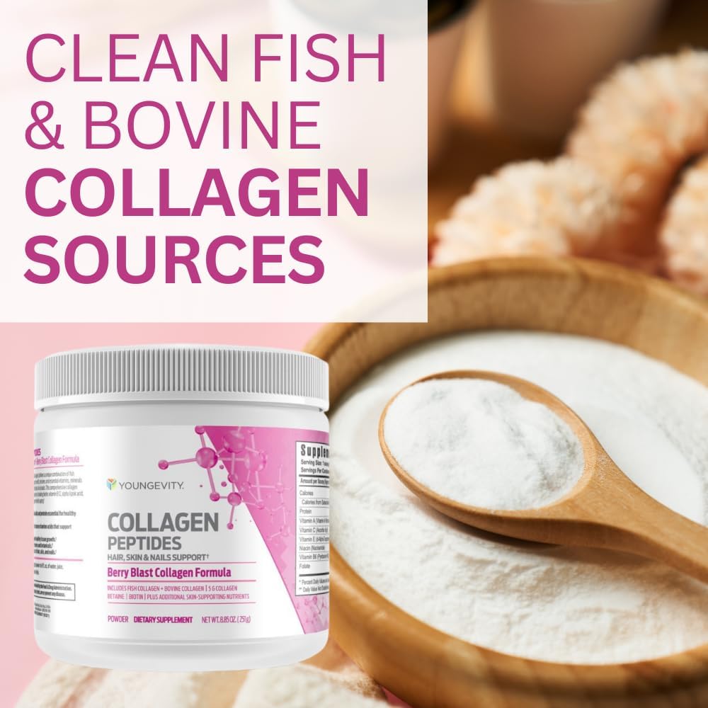 Youngevity Collagen Peptides Powder for Hair, Skin, Nails - Type I & II, Biotin, Vitamin B12, Antioxidants, Alpha Lipoic Acid - Joint, Bone Health - Berry Flavor - 251g - BoostGo Australia
