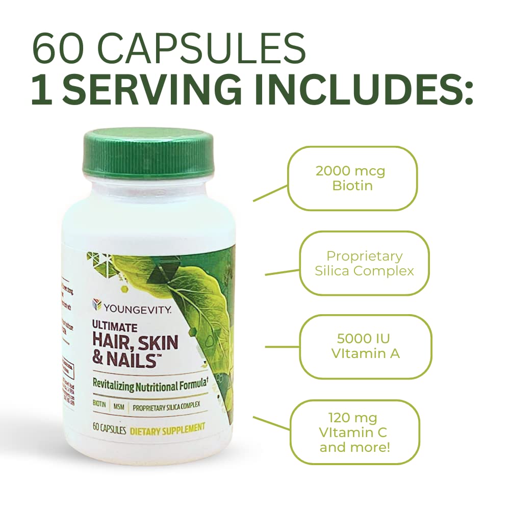 Youngevity Hair Skin and Nails Supplement - 60 Capsules for Healthy Hair, Skin, and Nails