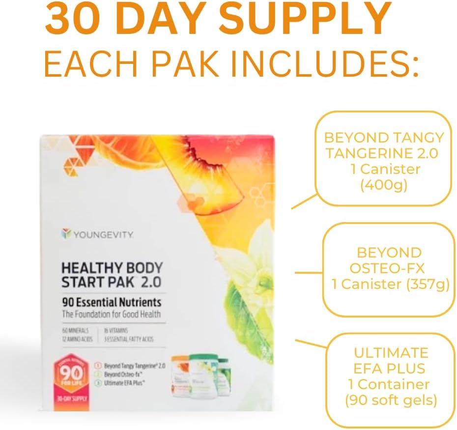Youngevity Healthy Body Start Pack 2.0 with Beyond Tangy Tangerine 2.0, Osteo FX Powder, Ultimate EFA Plus - Ships Globally